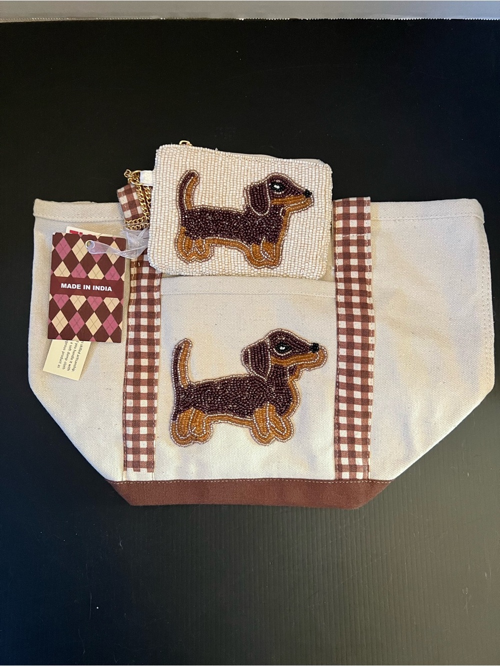 Beaded Dachshund Canvas Tote Bag - Beige and Brown - Picture 2 of 5